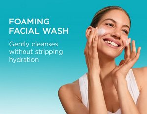 Young woman cleansing her skin with Curél Foaming Facial Wash against a teal background